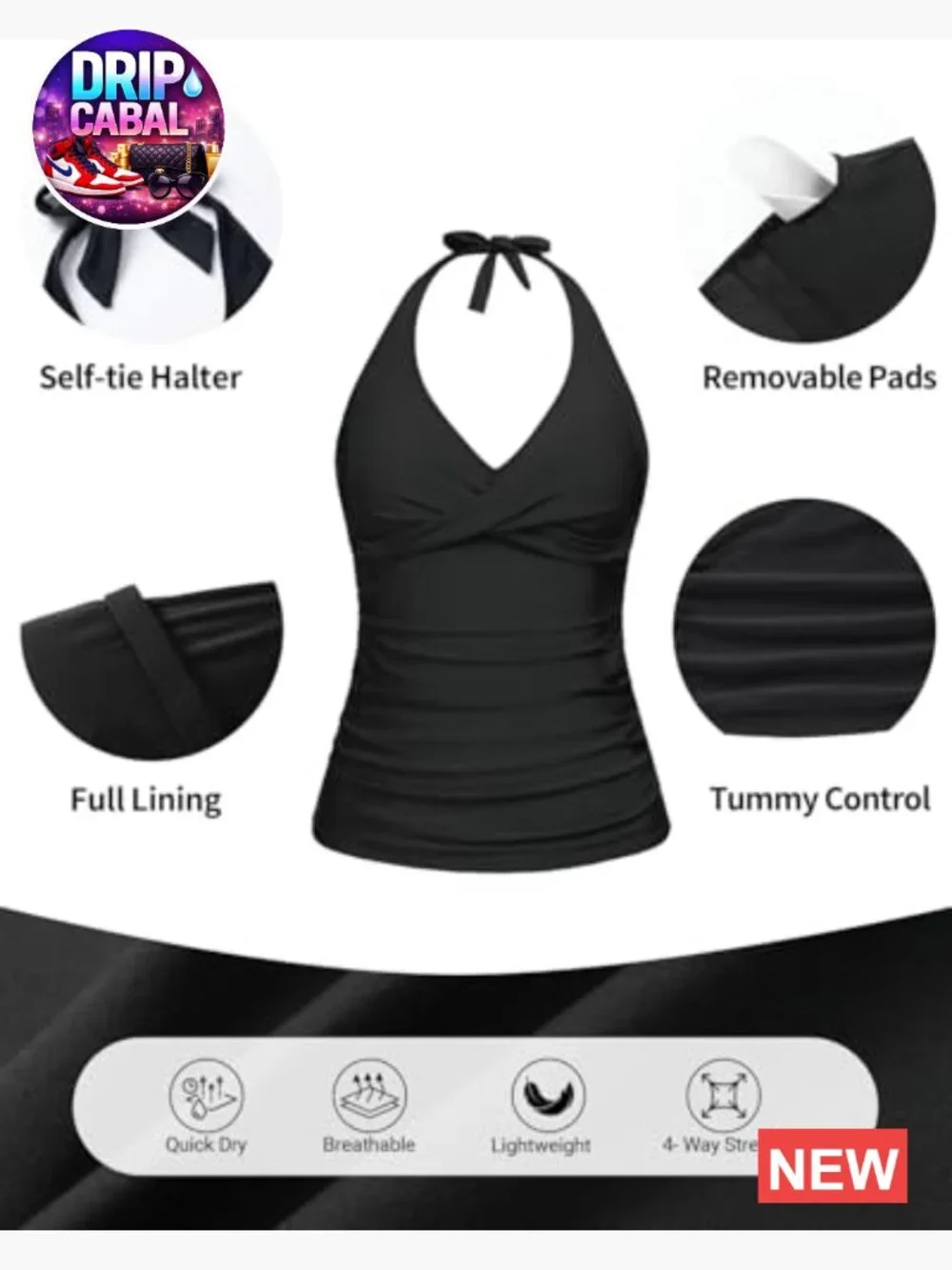 Halter Tankini Top Tummy Control Twist Front V Neck Swim Top Only